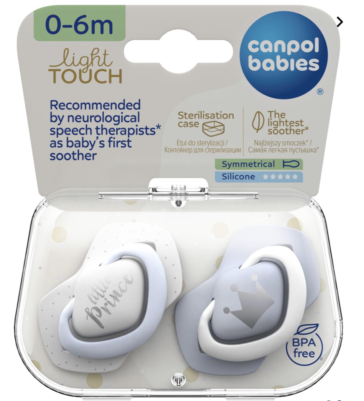 (العربية) CANPOL BABIES- Silicone Symmetrical Soother 0-6m, Royal Baby- 2 pcs - Image 1